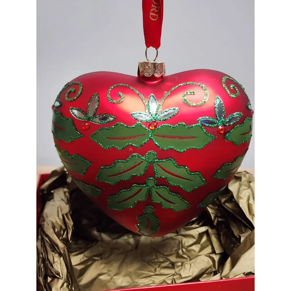 Waterford Ornamen Holiday Heirlooms Red Green Holly Jolly Heart Glass Christmas